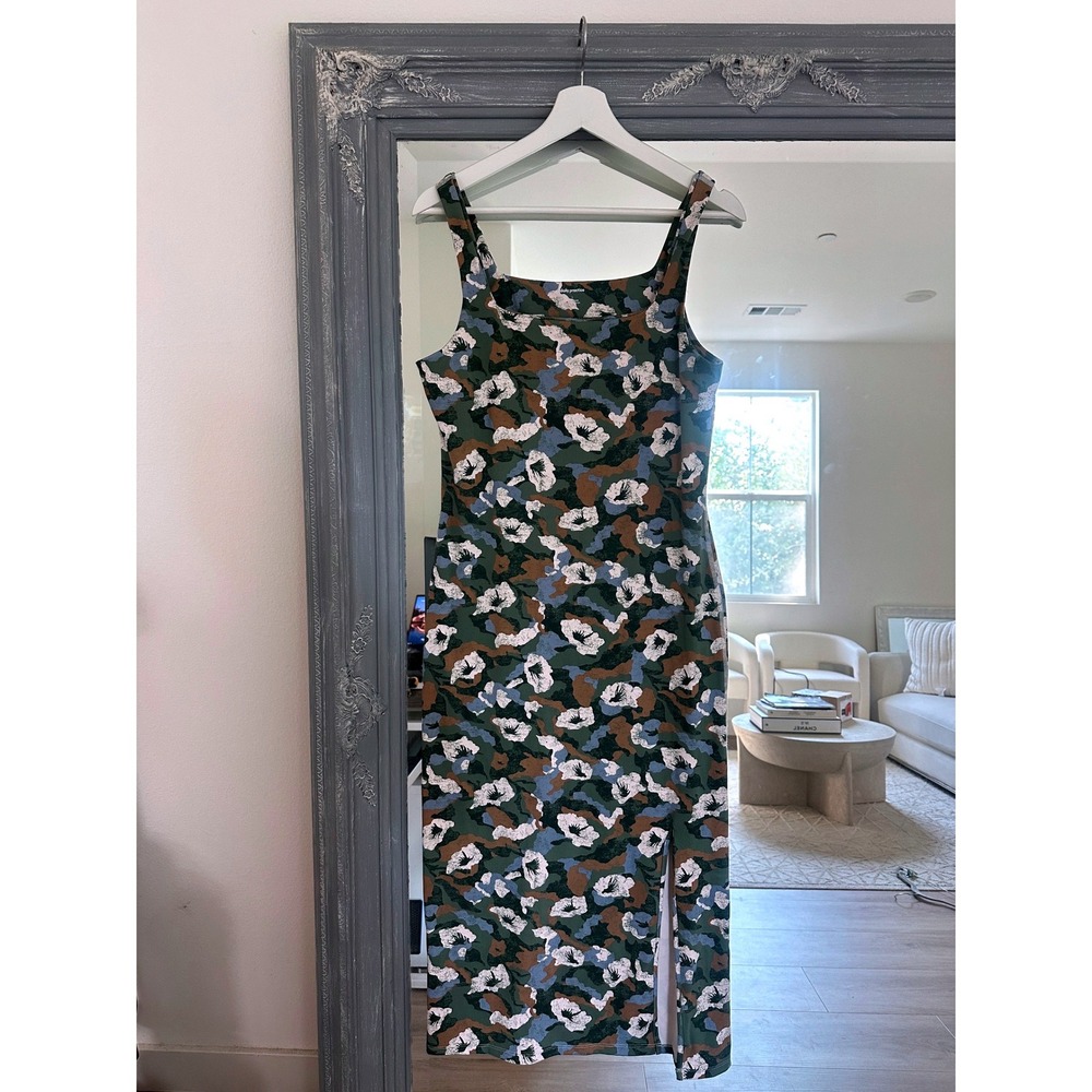 Daily Practice Anthropologie Green Blue Square Neck Floral Camo Midi Dress L - Picture 5 of 11